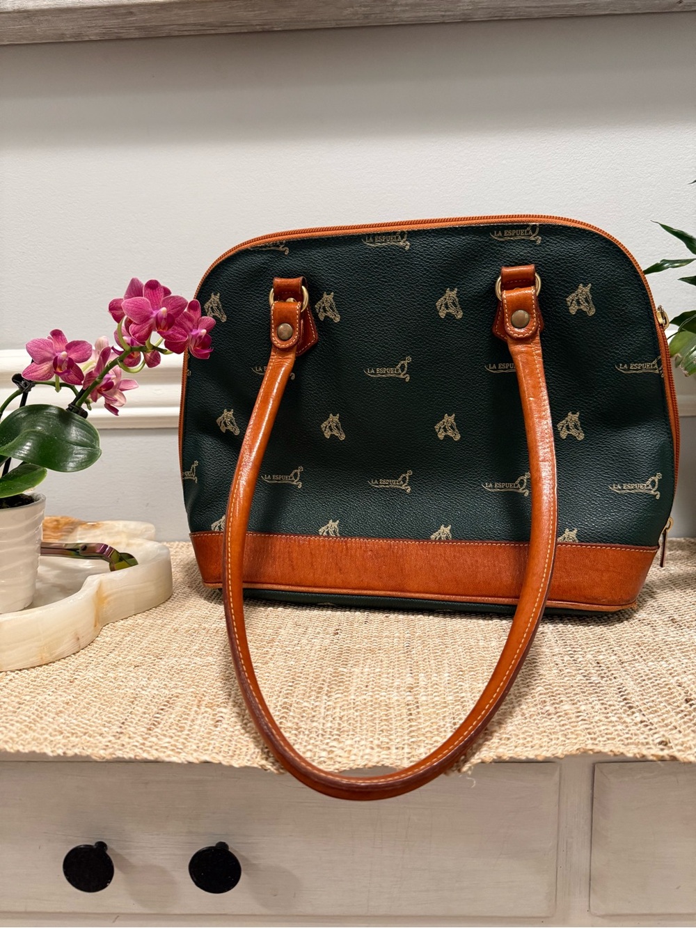 La Espuela Dark Green and Saddle Brown Leather-Trim Shoulder Bag